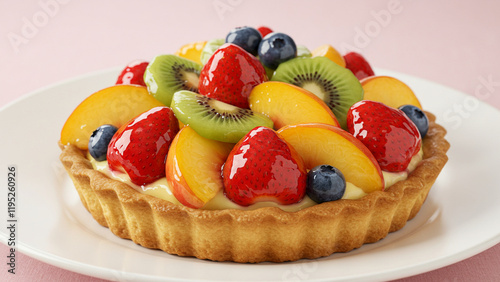 Vibrant fruit tart with fresh strawberries, kiwi, blueberries, and peaches on a creamy custard base, set on a golden pastry crust.