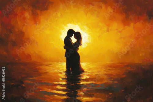Couple embraces at sunset while standing in the peaceful sea together during a romantic moment