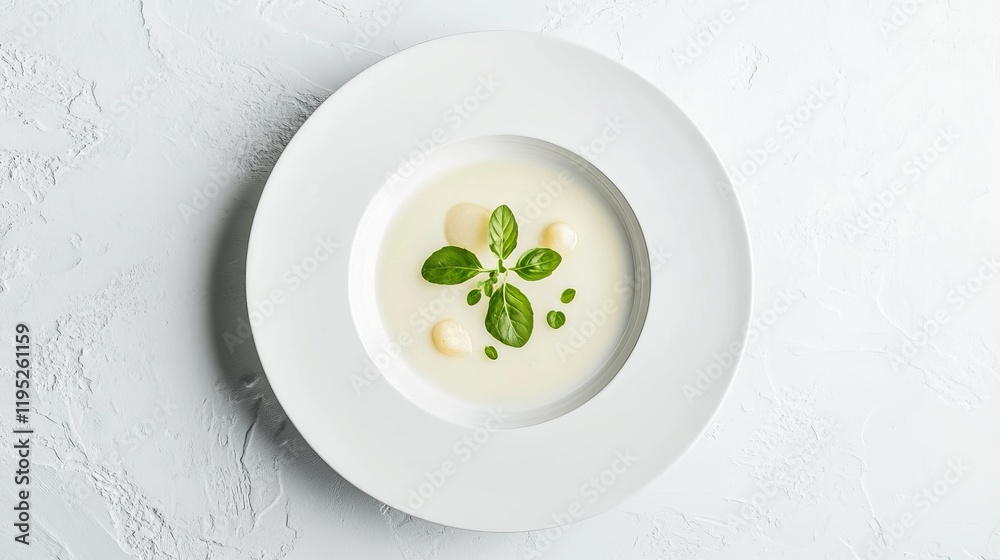 Elegant Creamy Soup Dish, Exquisite Food Presentation, Gourmet Restaurant Meal Elegant Creamy Soup Dish, Exquisite Food Presentation, Gourmet Restaurant Meal