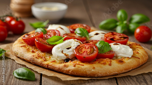 Homemade Caprese pizza topped with fresh tomatoes, mozzarella, and basil, drizzled with balsamic glaze.