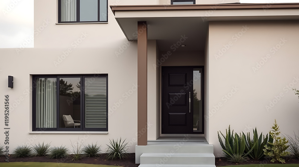 Modern House Exterior: Contemporary Home Design and Architecture. View the elegant facade, entrance door, and landscaping of this luxury property. Modern House Exterior: Contemporary Home Design and Architecture. View the elegant facade, entrance door, and landscaping of this luxury property.