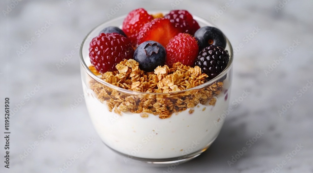 A delicious parfait featuring yogurt, topped with a colorful assortment of berries and crunchy granola.