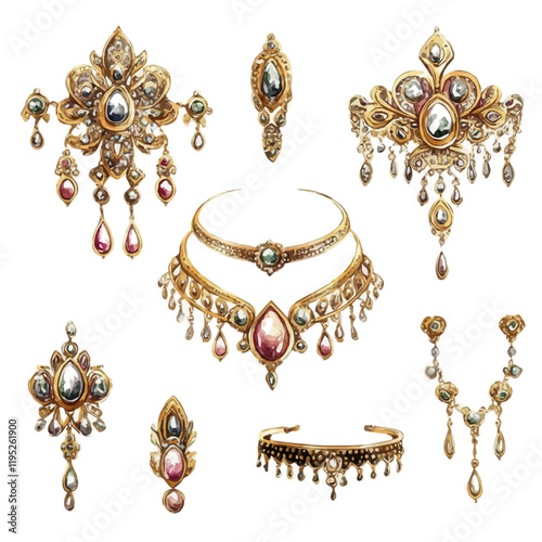 A watercolor vector of a classic gold jewelry set with intricate designs, isolated on a white background. Gold jewelry vector.
