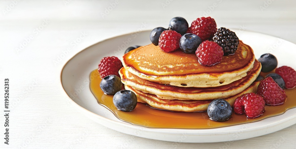 Fluffy pancakes stacked high, topped with fresh raspberries, blueberries, and drizzled with syrup on a white plate. Fluffy pancakes stacked high, topped with fresh raspberries, blueberries, and drizzled with syrup on a white plate.