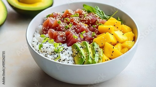 A vibrant bowl featuring rice, fresh tuna, mango, avocado, and sesame seeds, showcasing a colorful and healthy meal.
