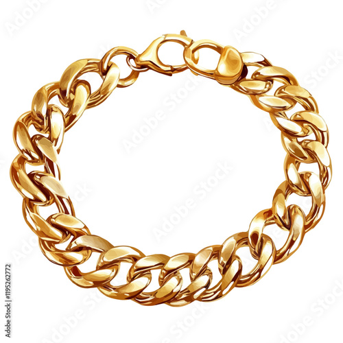 A watercolor illustration of a classic gold chain bracelet, isolated on a white background. Gold bracelet vector.
