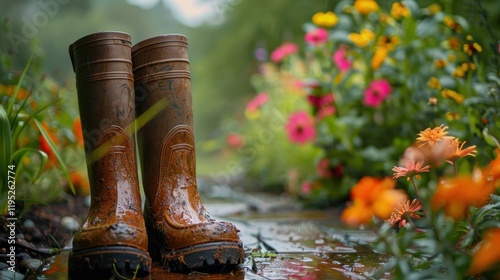 Wellworn rain boots in foreground of blurred flowerbed photo