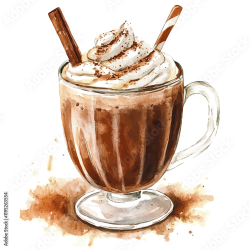 A watercolor of a choco chai latte, isolated on a white background. Chai latte vector.
