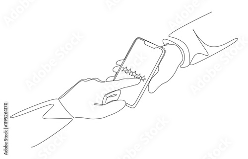 Continuous one line drawing of seller holding smartphone to let customer rate star, customer feedback, providing sales service review concept, single line art