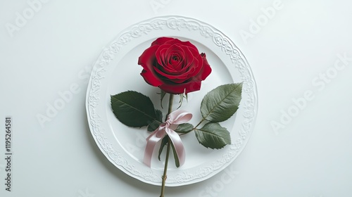 Close-up shot of a red rose with a satin ribbon on a white plate, styled with elegance against a pure white background