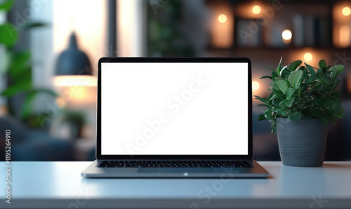 Home office setup modern laptop display cozy workspace indoor environment relaxed viewpoint productivity concept