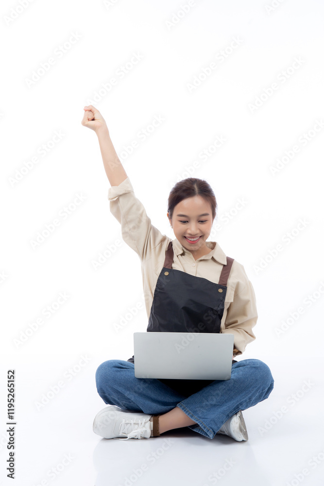 Portrait young asian business woman wearing apron holding laptop computer isolated white background, waitress or barista holding laptop computer with success, cut out, business or freelance. Portrait young asian business woman wearing apron holding laptop computer isolated white background, waitress or barista holding laptop computer with success, cut out, business or freelance.