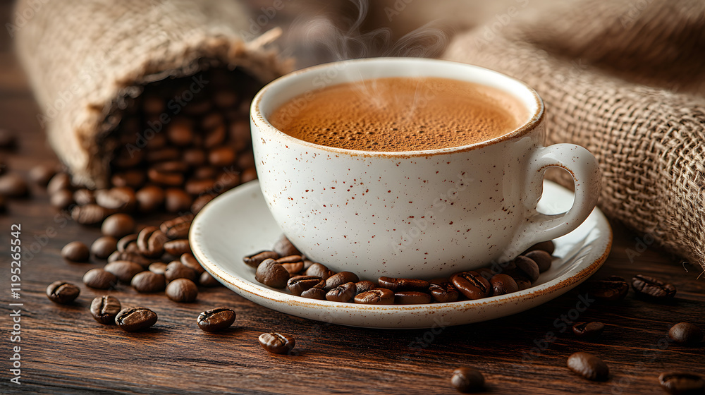 Obraz premium A white coffee cup with steam rising from it sits on a wooden table. The table is covered with coffee beans and a bowl. Concept of warmth and comfort, as the coffee cup