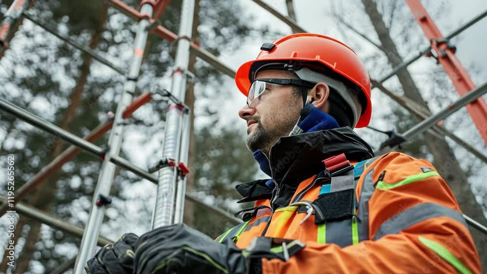 A scaffolding worker in safety gear secures platforms at great heights, ensuring safe access for workers to complete high-level tasks