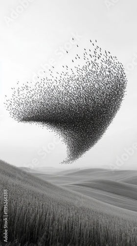Starlings swirling in sky.