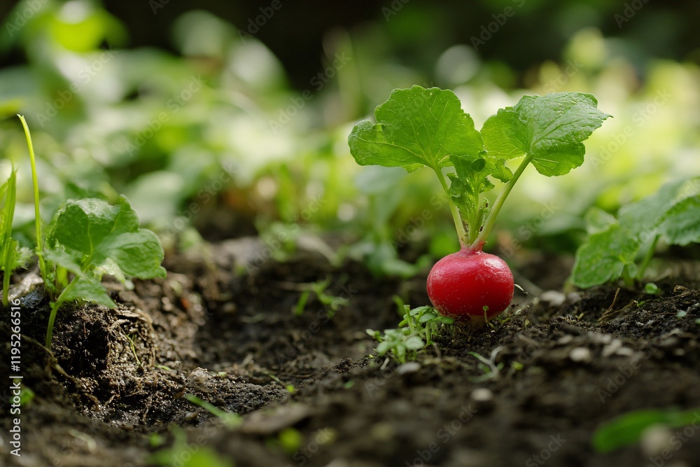 A small pink radish sprouting from the ground in an organic garden The focus is on its vibrant colors against the rich soil background 2 A small pink radish sprouting from the ground in an organic garden The focus is on its vibrant colors against the rich soil background 2