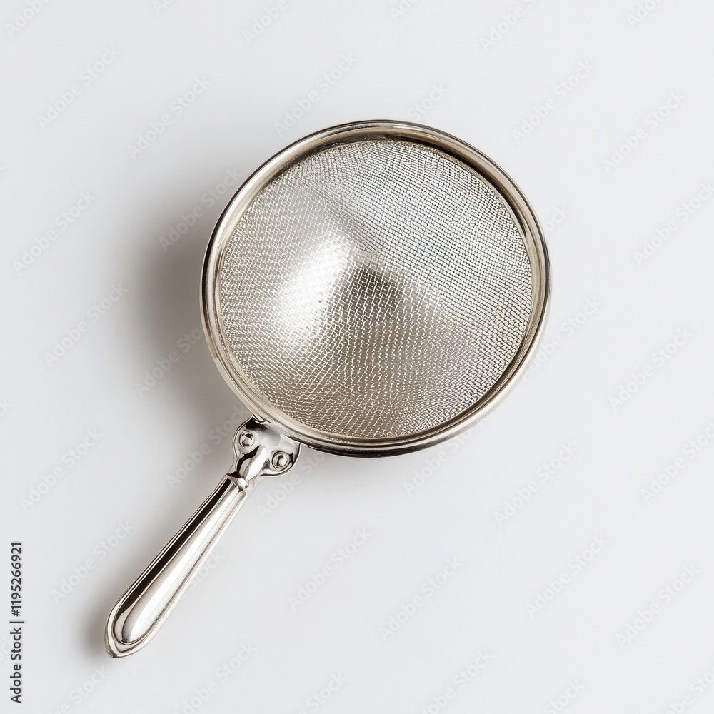 Polished silver tea strainer with fine mesh resting on a white surface, perfect for brewing loose tea leaves and infusions