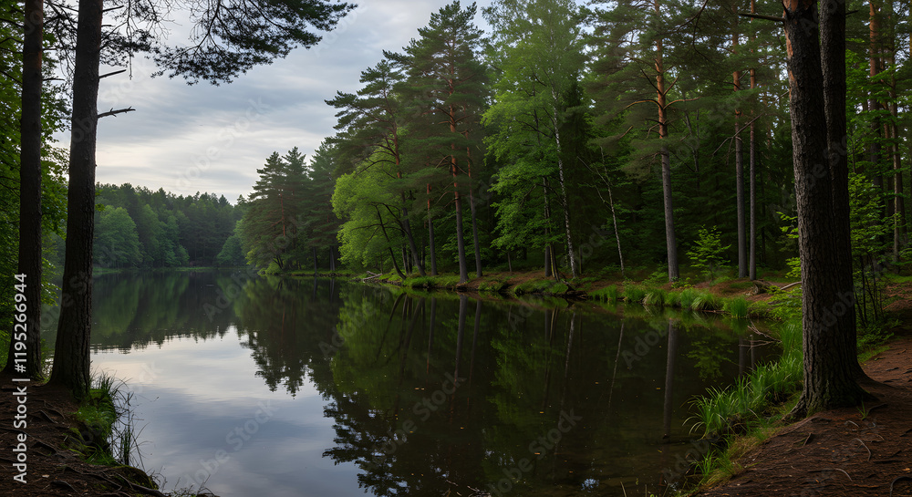 Obraz premium A captivating photorealistic panoramic image showcasing the serene beauty of a natural landscape at the forest's edge by the lake.