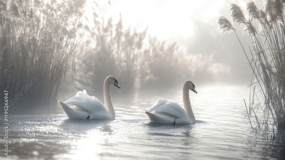 Fototapeta premium Two swans glide on a misty river.