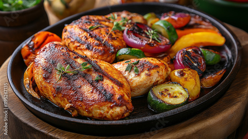 A sizzling plate of tandoori chicken with grilled vegetables 
