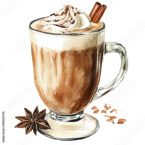 A watercolor vector of a chai latte, isolated on a white background. Chai latte vector.
