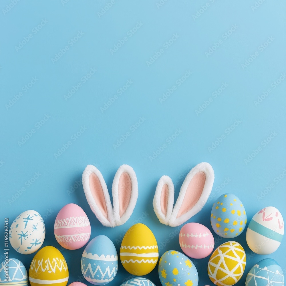 Fototapeta premium Easter Bunny Ears with Colorful Painted Eggs on Blue Background: Minimalist Spring Holiday Decor