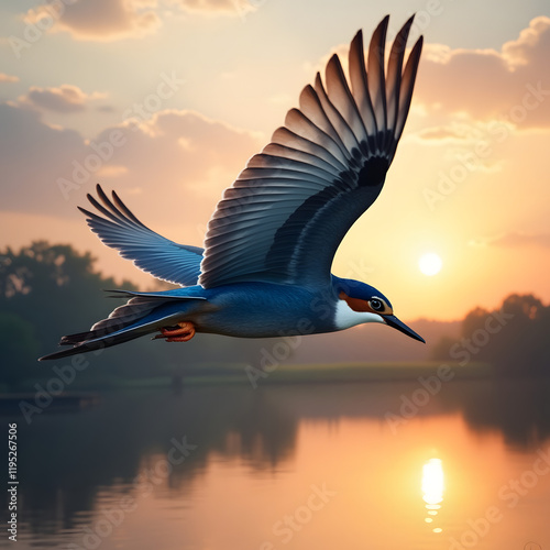 Graceful Soar: A Majestic Bird Over Sunrise Skies