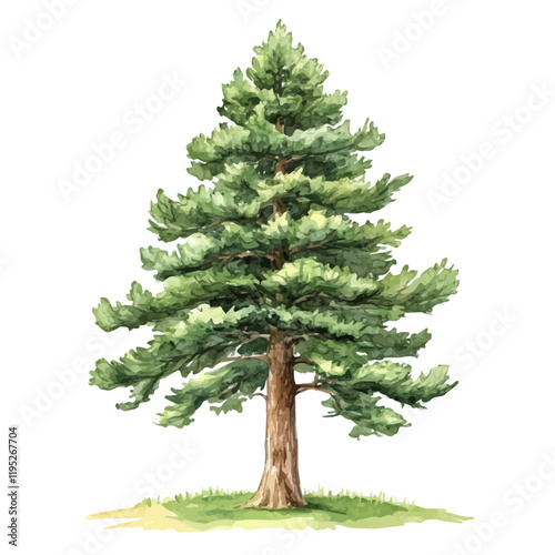 A watercolor vector of a cedar tree, isolated on a white background. Cedar tree vector.
