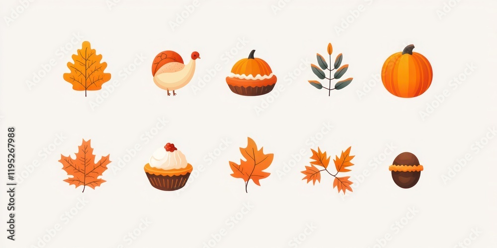 A set of Thanksgiving icons including a turkey, pumpkin, pie, acorn, and autumn leaves, in a minimalist style A set of Thanksgiving icons including a turkey, pumpkin, pie, acorn, and autumn leaves, in a minimalist style