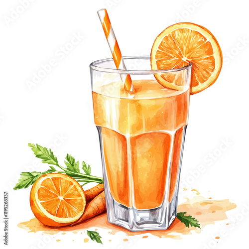 A watercolor vector of a carrot orange juice, isolated on a white background. Carrot orange juice vector.

