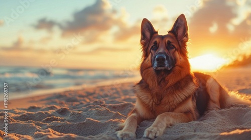 A regal German shepherd at sunset. photo