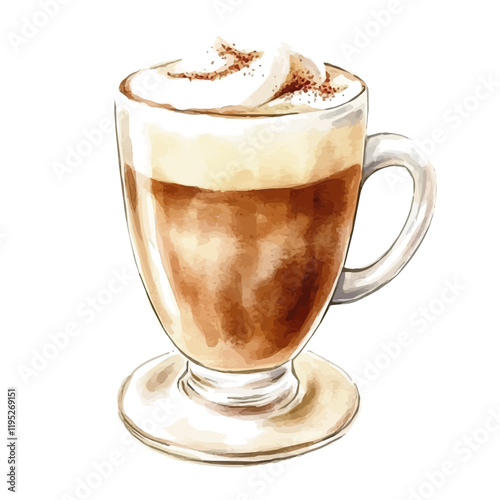 A watercolor of a cappuccino, isolated on a white background. Cappuccino vector.
