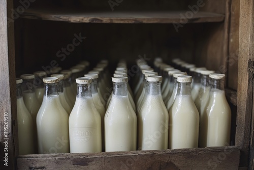 A wooden crate filled with glass milk bottles, each bottle containing creamy white cow's milk, set against the backdrop of an old-fashioned farm kitchen 1 photo