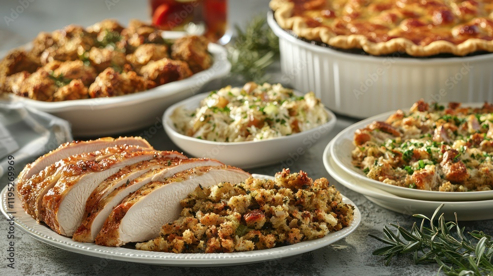 A variety of Thanksgiving leftover dishes on a table, including turkey slices, stuffing, and pie A variety of Thanksgiving leftover dishes on a table, including turkey slices, stuffing, and pie