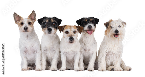 Photography Row of 5 Jack Russel dogs in different ages and colors