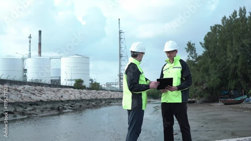Oil refinery engineer. Man industrialist with laptop. Engineer near evening factory. Oil refinery worker. Industrial engineer stands on street. Man oil worker in reflective vest. Petroleum industry