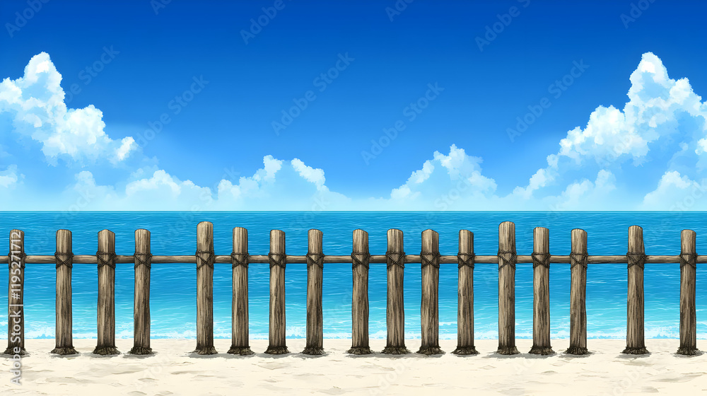 Beach Fence Illustration Summer Ocean View Beach Fence Illustration Summer Ocean View