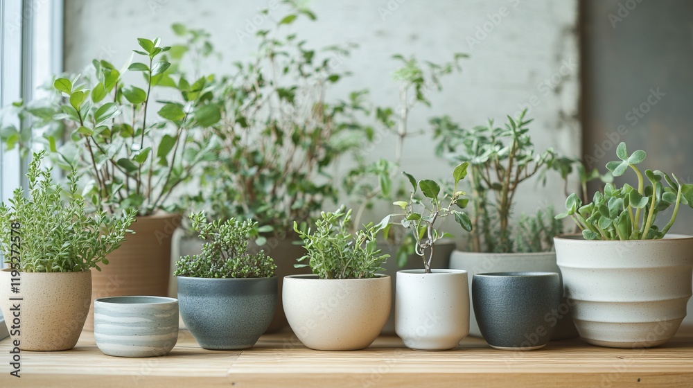 A Delightful Display of Potted Plants on a Wooden Windowsill, Capturing the Essence of Natural Beauty and Home Decor A Delightful Display of Potted Plants on a Wooden Windowsill, Capturing the Essence of Natural Beauty and Home Decor