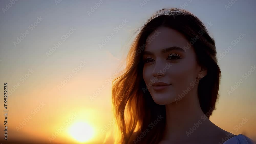 Beautiful woman enjoying sunset views with flowing hair in soft light Beautiful woman enjoying sunset views with flowing hair in soft light