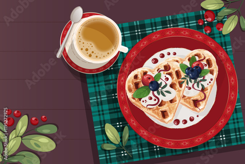 Belgian waffles on a plate with coffee