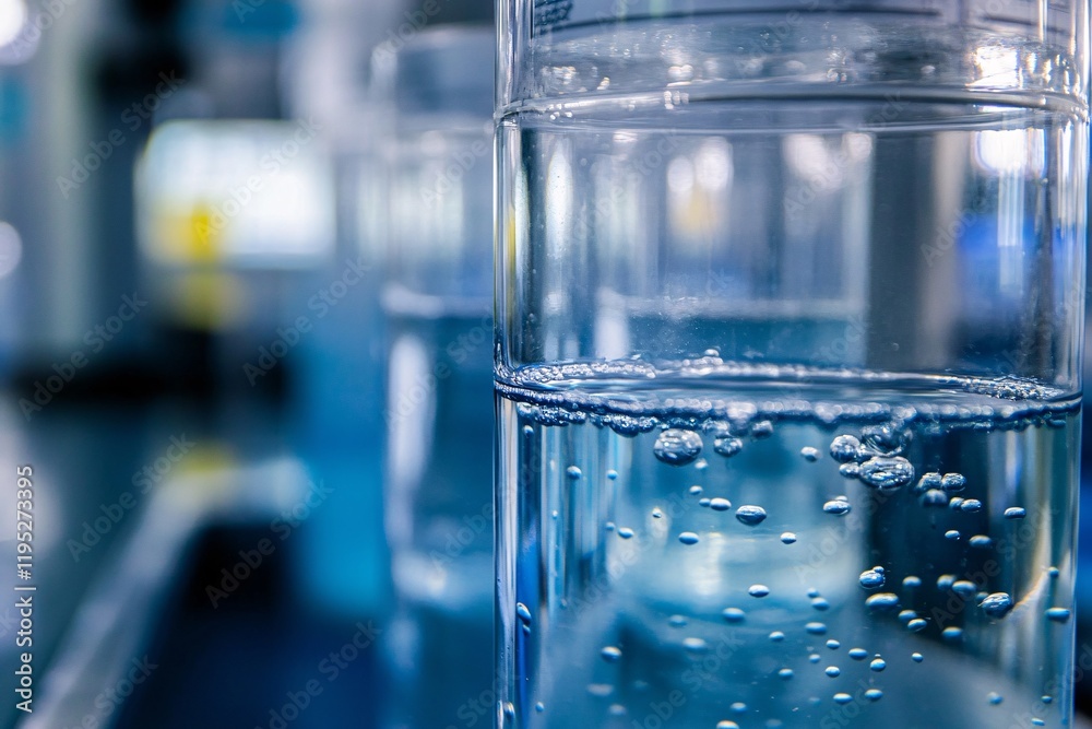 Close-up of water in glass beakers, science lab background, focus on bubbles and clarity of the liquid, laboratory environment with equipment in the backdrop 1 Close-up of water in glass beakers, science lab background, focus on bubbles and clarity of the liquid, laboratory environment with equipment in the backdrop 1