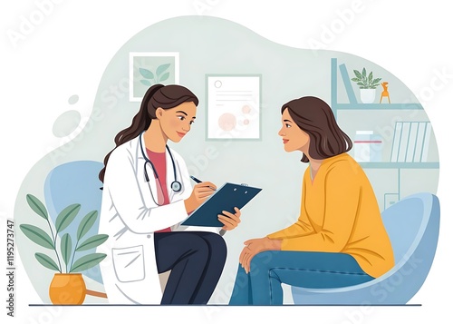 Woman patient having consultation with doctor (gynecologist or psychiatrist) and examining health in medical gynecological clinic or hospital mental health service center