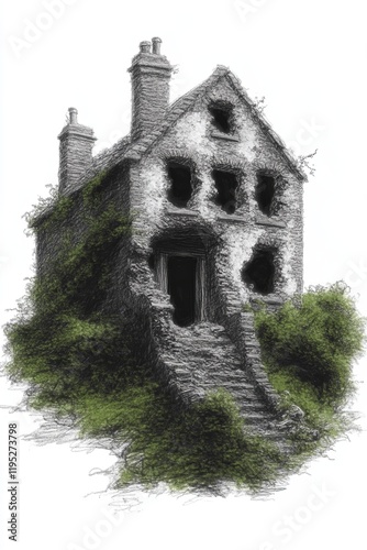 Dramatic Sketch of a Tumbledown House with Overgrowth
