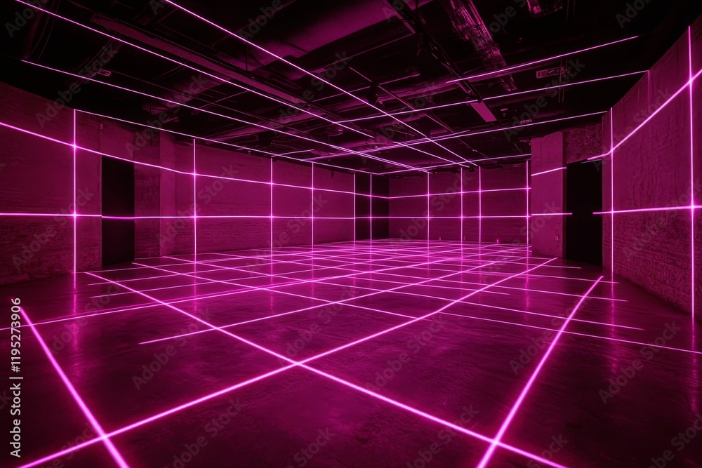 Obraz premium Pink laser grid illuminates dark room's floor and walls.