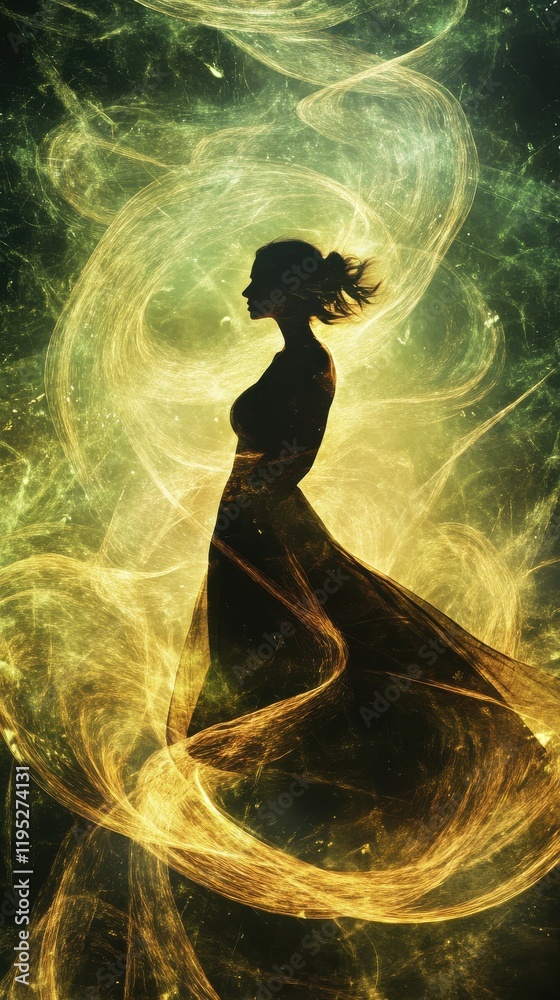 Woman glowing with radiant wind currents swirling through her silhouette, symbolizing motion and freedom in a vibrant setting