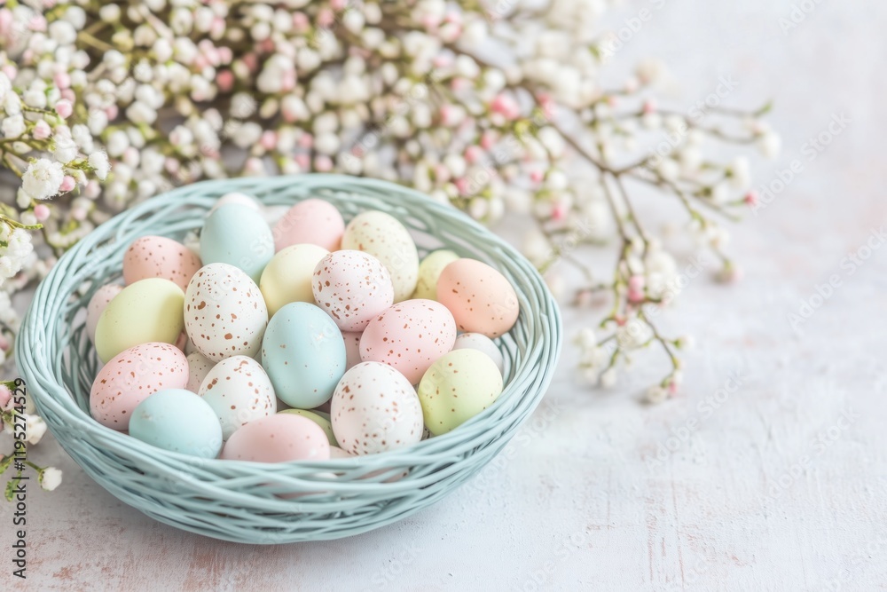 Pastel easter eggs nest with spring flowers decoration Pastel easter eggs nest with spring flowers decoration
