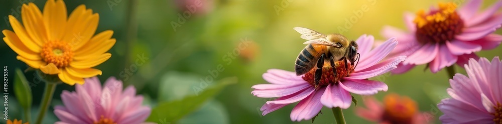 Beautiful bee surrounded by blooming flowers and greenery, bees, insects, garden Beautiful bee surrounded by blooming flowers and greenery, bees, insects, garden