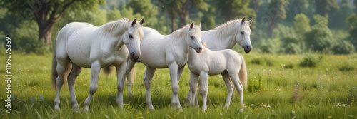 A young unicorn mare and foal grazing in a lush meadow,  calm,  wild, unicorn