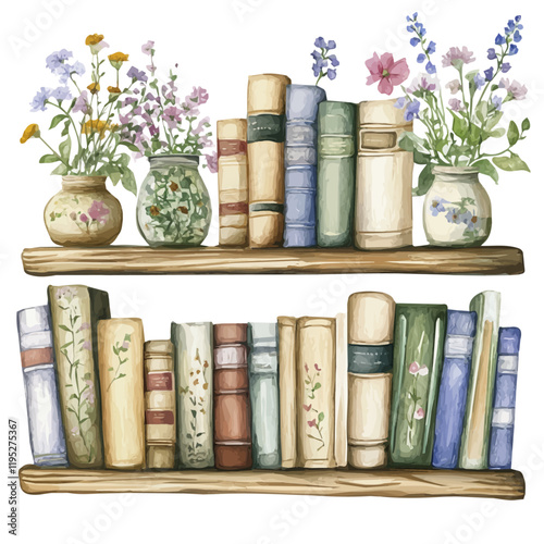 A watercolor drawing of a bookshelf with books and natural flowers, isolated on a white background. Bookshelf vector.
