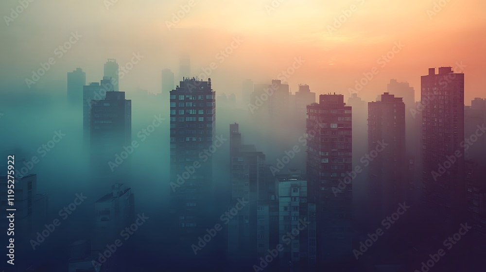Fototapeta premium Misty Cityscape with Glowing Skyline at Sunset or Dawn